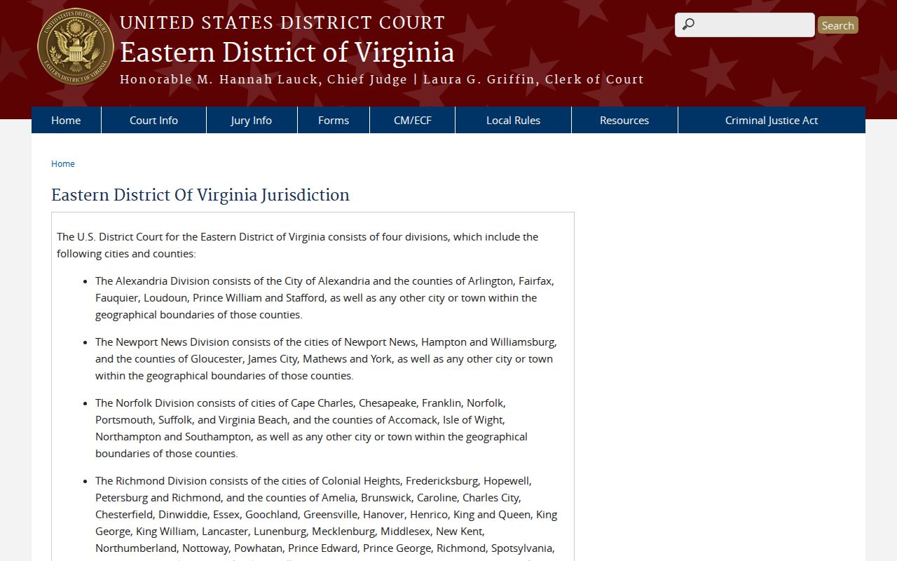 Eastern District of Virginia jurisdiction map used to distinguish federal and King George County matters