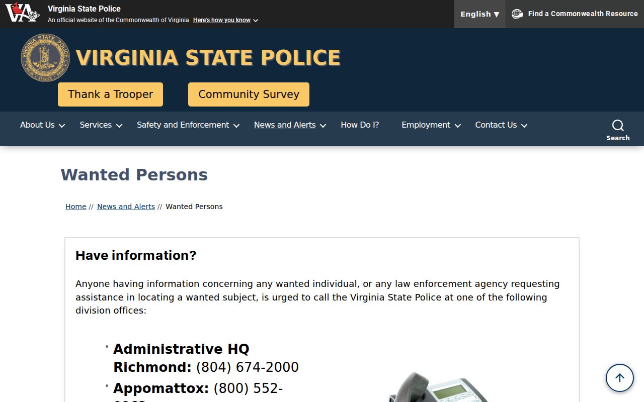 Virginia State Police curated wanted page used as a statewide reference for King George County
